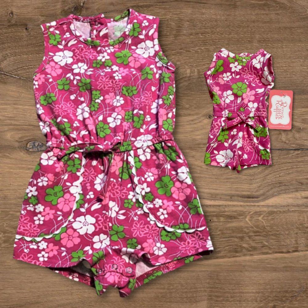 Ricrac & Ruffles Mystery Drawstring Chomp Pink Floral Romper Doll - Size 3T